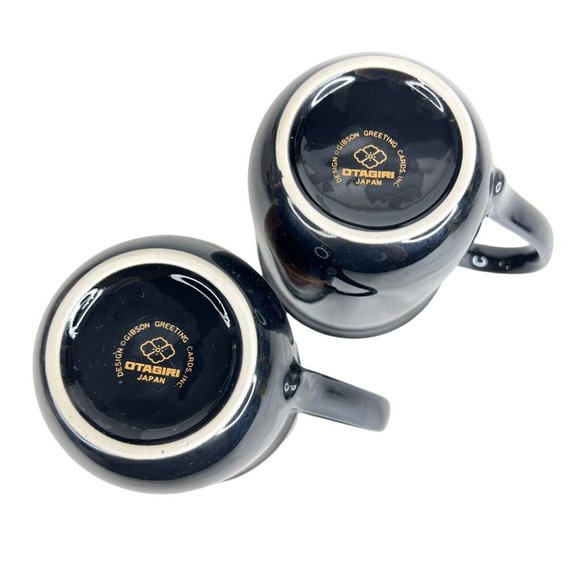2 Otagiri Owl Mugs Black Gold Japan Vintage Set Coffee Cup Metallic Gold Trim - Picture 12 of 12
